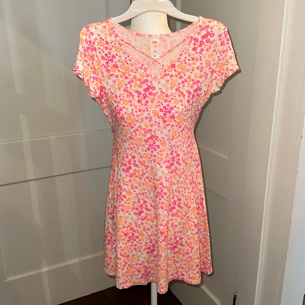 Girls Justice Pink, Orange & White Crisscross Floral Sundress – Size 12